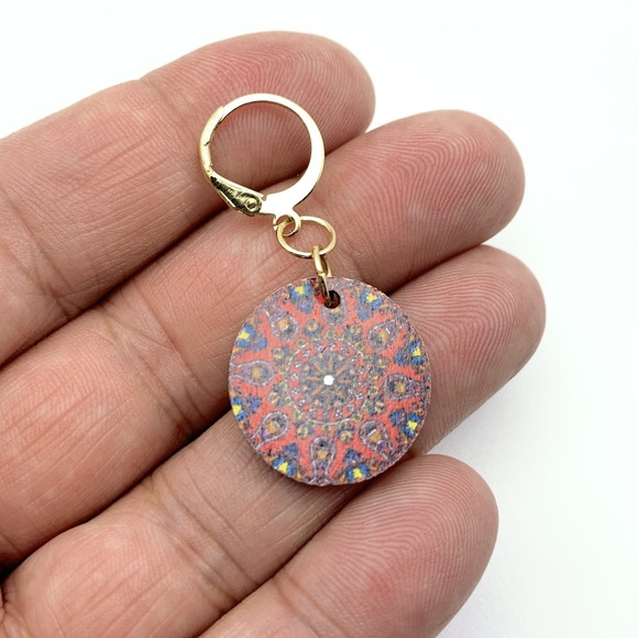 Red Mandela Wooden Boho Dangle Earrings - Picture 4 of 5